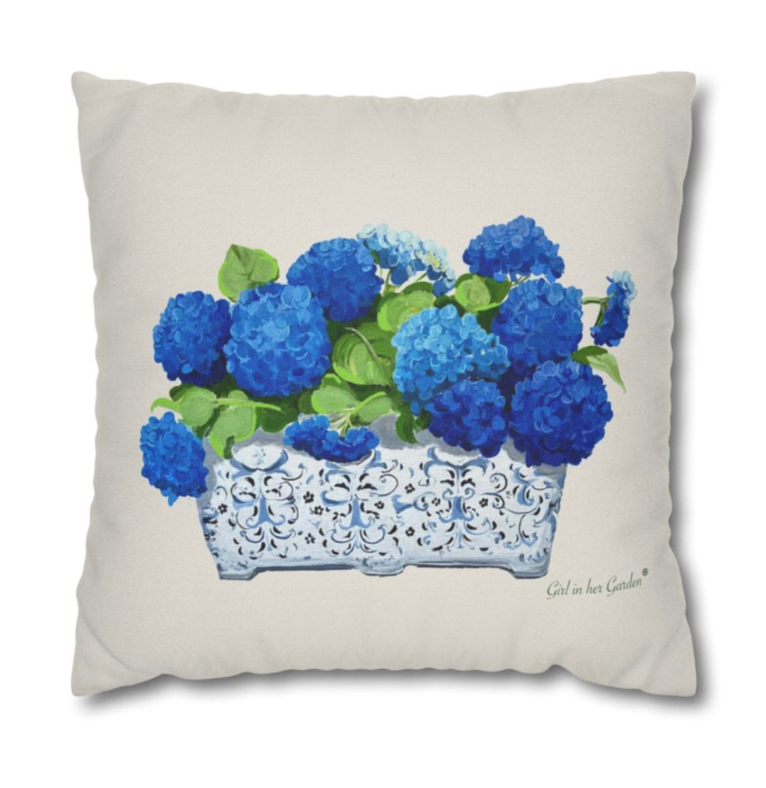 Blue Hydrangea Planter Beige Pillow, Pillow Cover