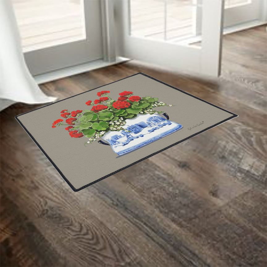 Red Geraniums Beige Chinoiserie Rubber Floor Mat