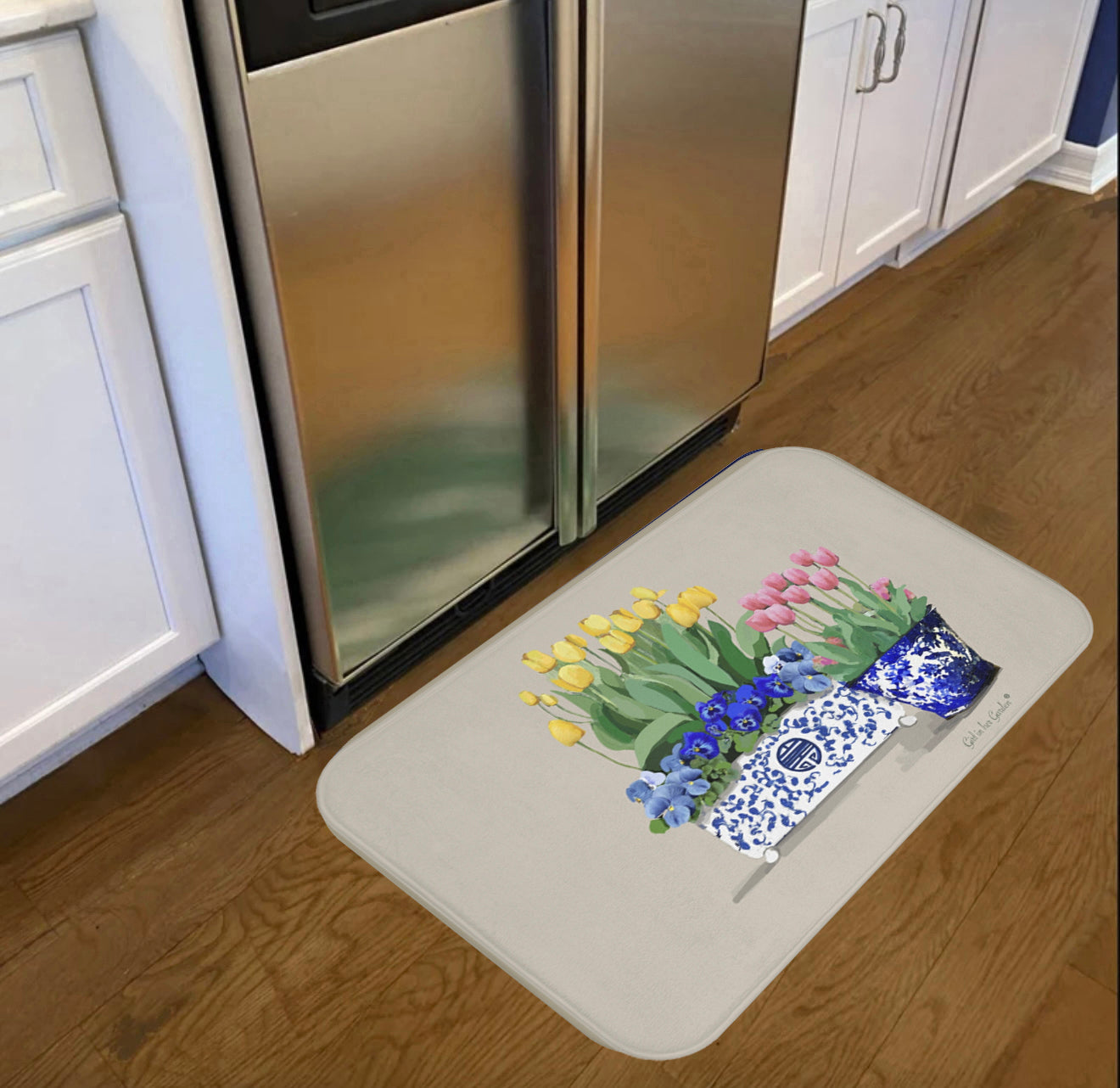 Kitchen, Bath Cushion Mat, Yellow & Pink Tulips Chinoiserie Planters