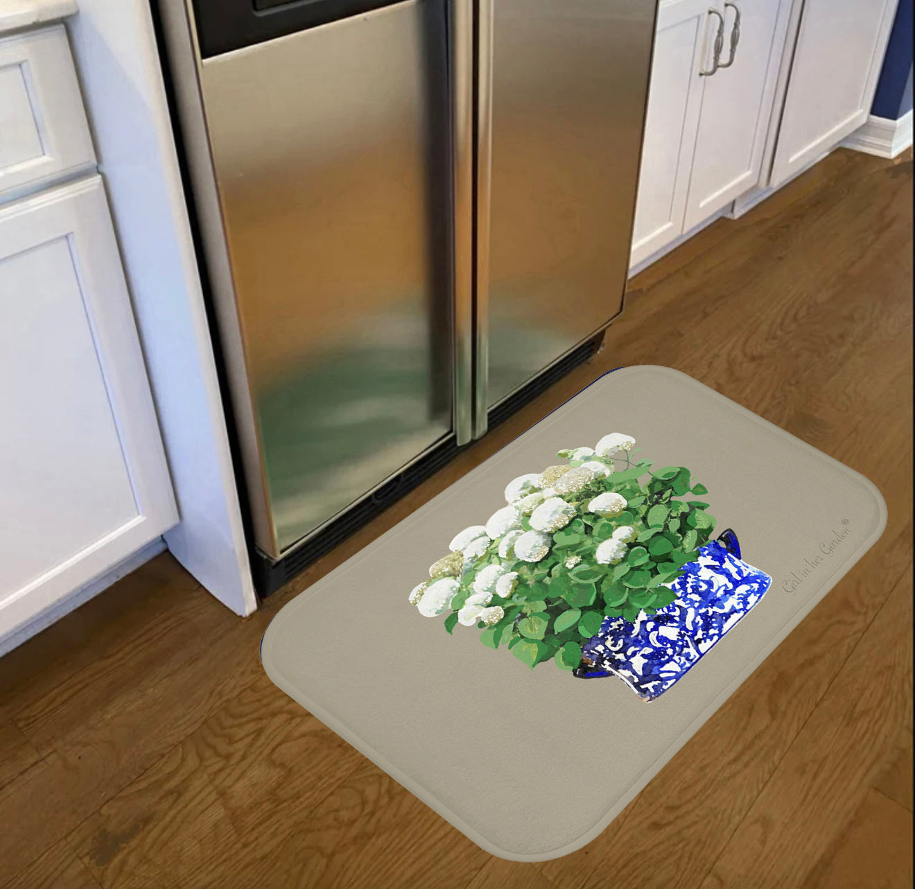 Kitchen, Bath Cushion Mat, Beige Annabelle Blue & White Planter