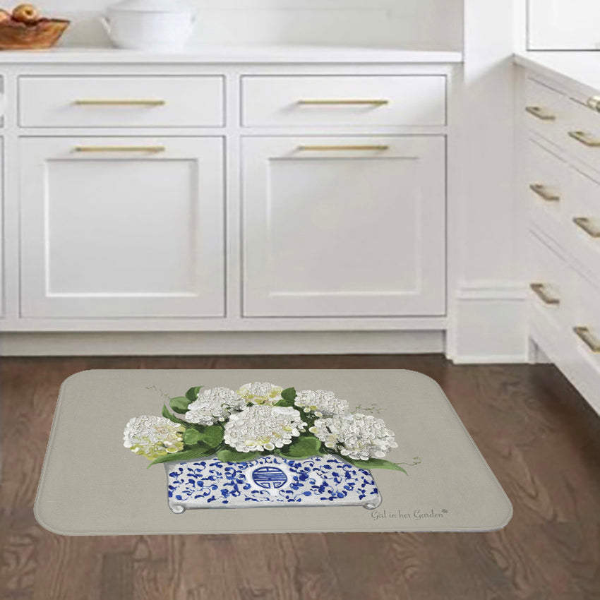 Kitchen, Bath  Cushion Mat - Beige Chinoiserie Planter with Hydrangeas