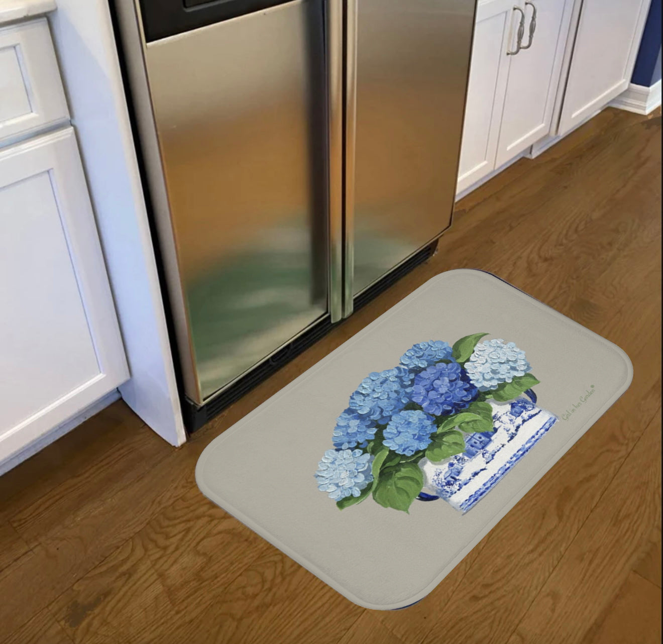 Kitchen, Bath Cushion Mat, Beige & Blue Hydrangeas Chinoiserie Foot Planter