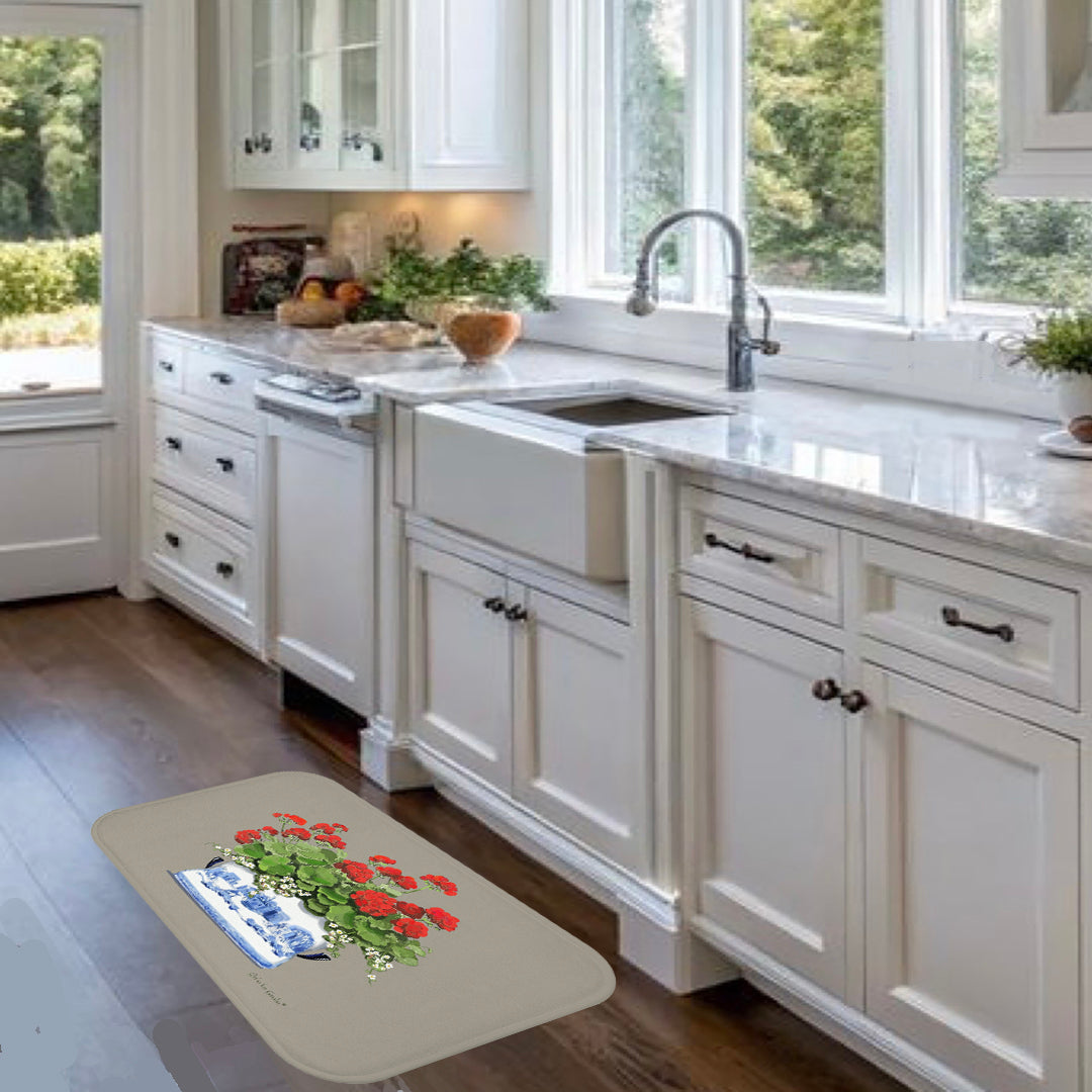 Red Geraniums Beige Kitchen & Bath Cushion Mat
