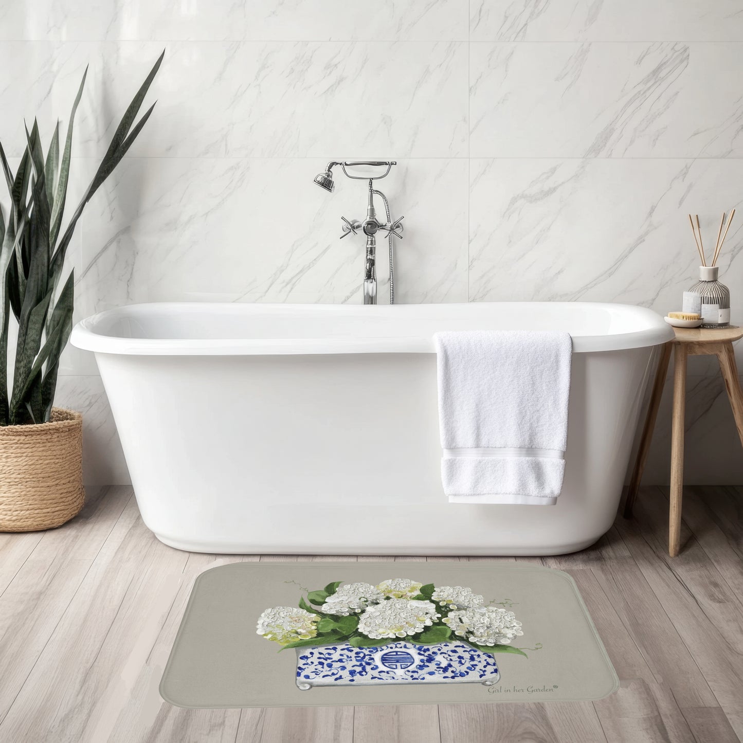 Kitchen, Bath  Cushion Mat - Beige Chinoiserie Planter with Hydrangeas