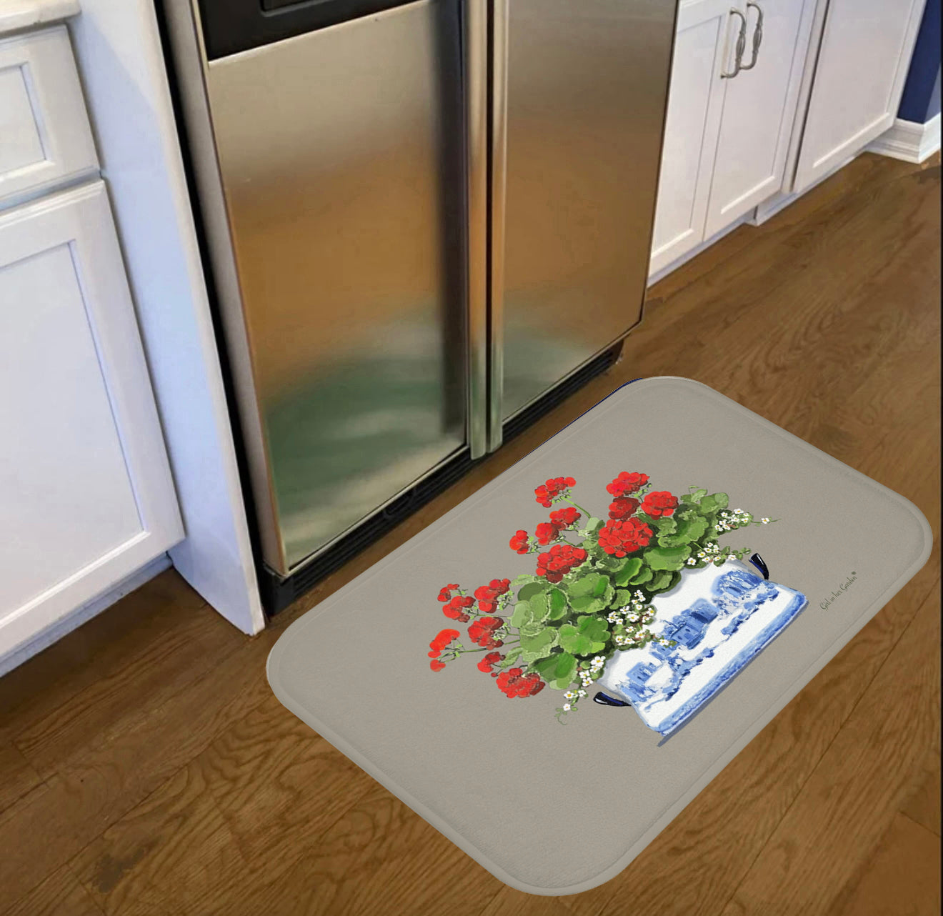 Red Geraniums Beige Kitchen & Bath Cushion Mat