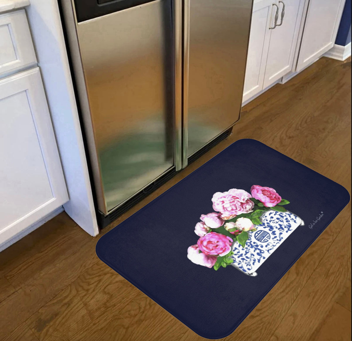 Navy Peonies Kitchen & Bath Mat