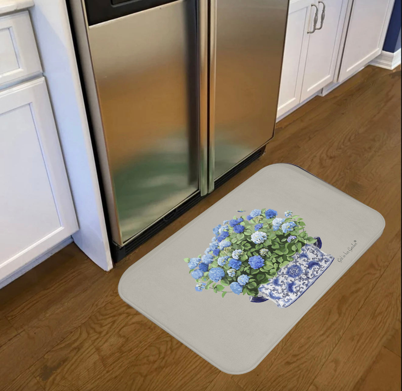 Kitchen, Bath Cushion Mat, Beige & Blue Hydrangeas Chinoiserie Foot Planter 2