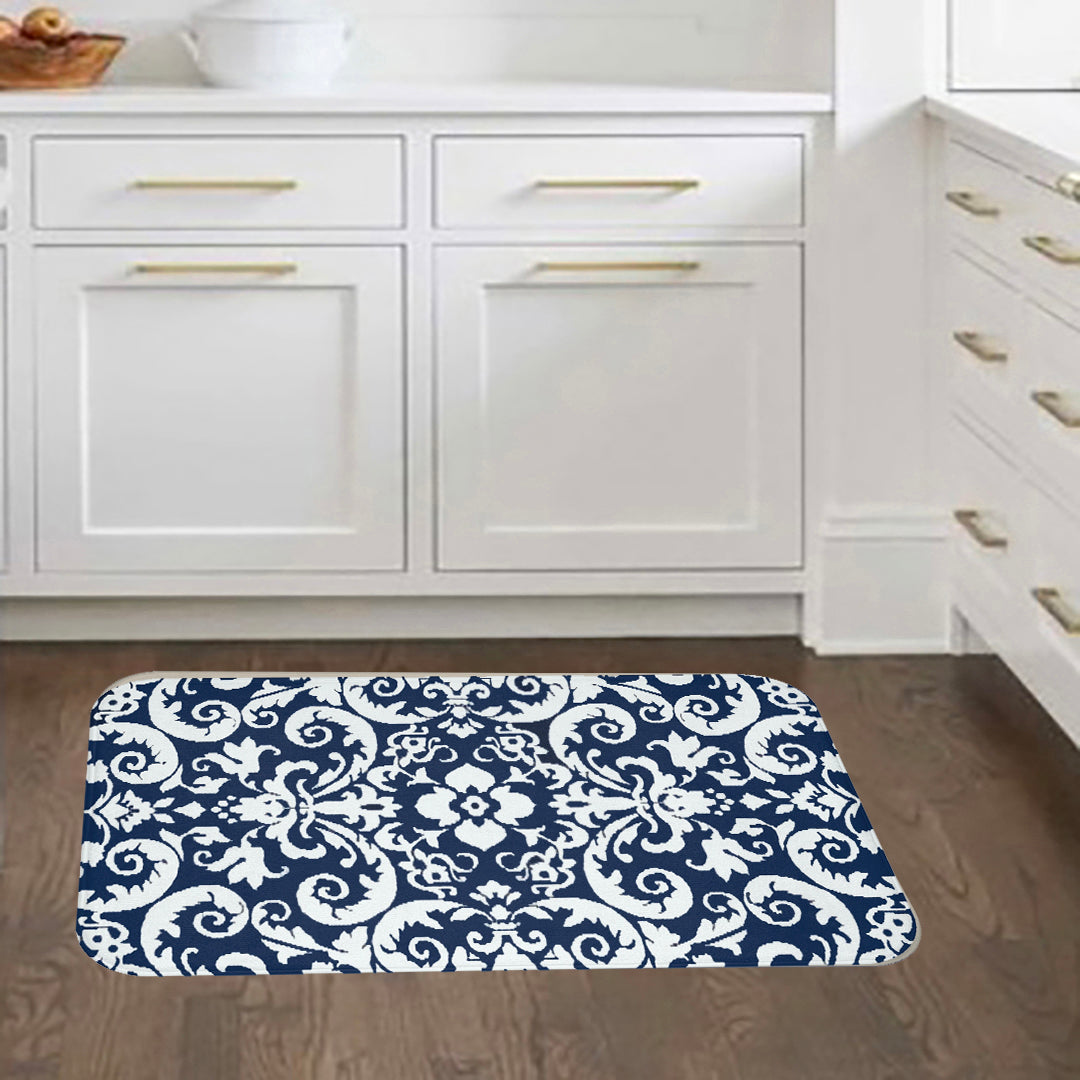 Blue & White Floral Pattern KItchen & Bath Cushion Mat