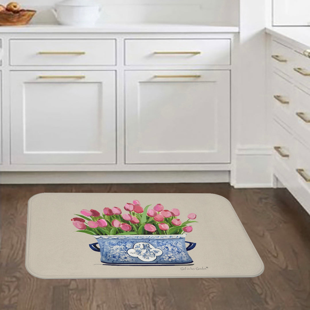 Decorative rug with tulip design in a kitchen setting