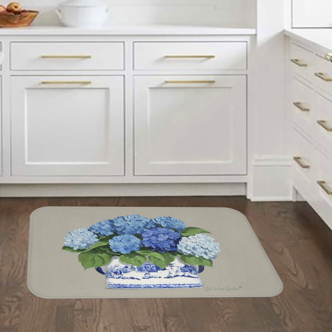 Kitchen, Bath Cushion Mat, Beige & Blue Hydrangeas Chinoiserie Foot Planter