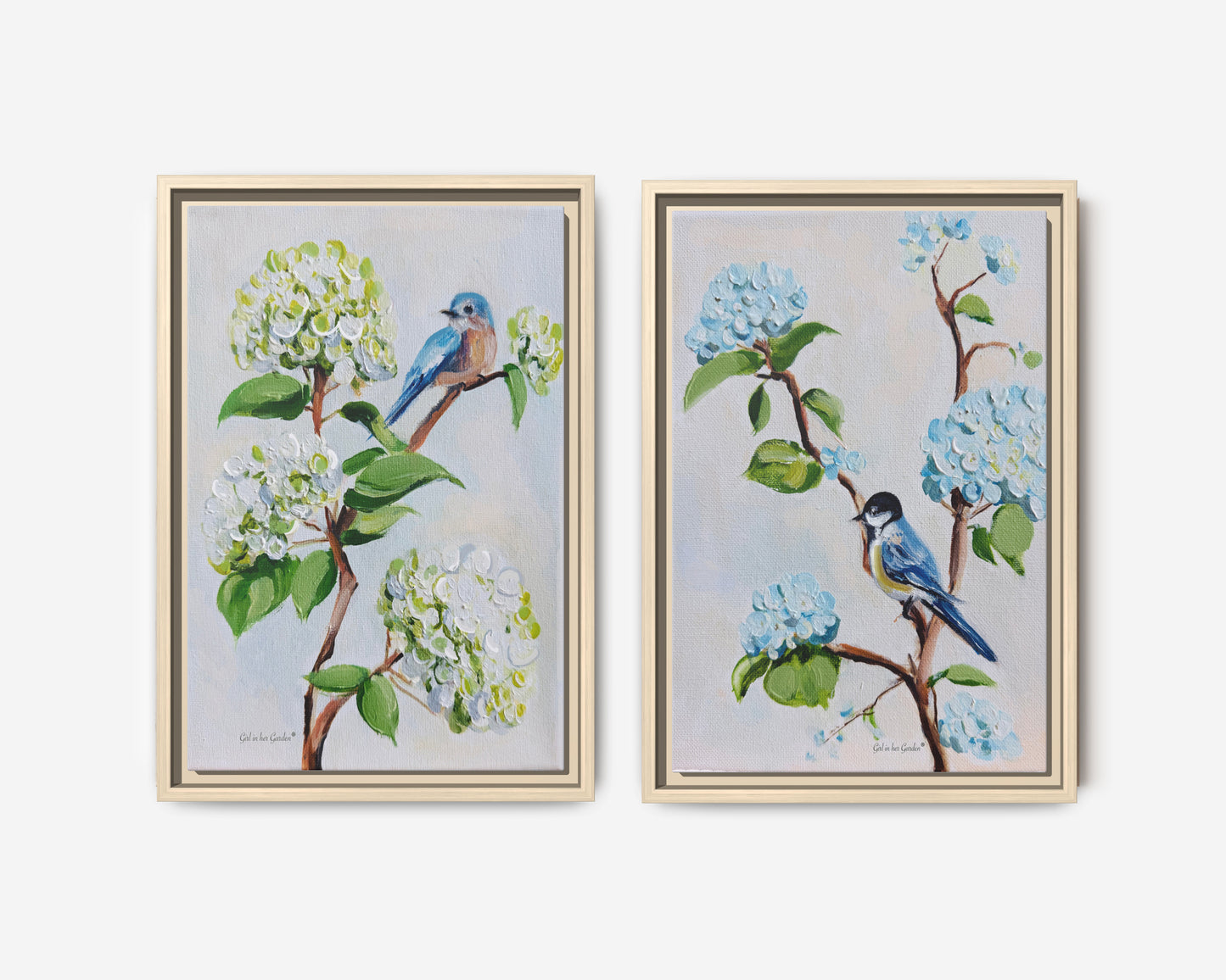 Hydrangeas & Birds, Framed Canvas Set of Two
