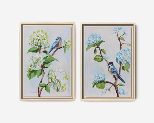 Hydrangeas & Birds, Framed Canvas Set of Two