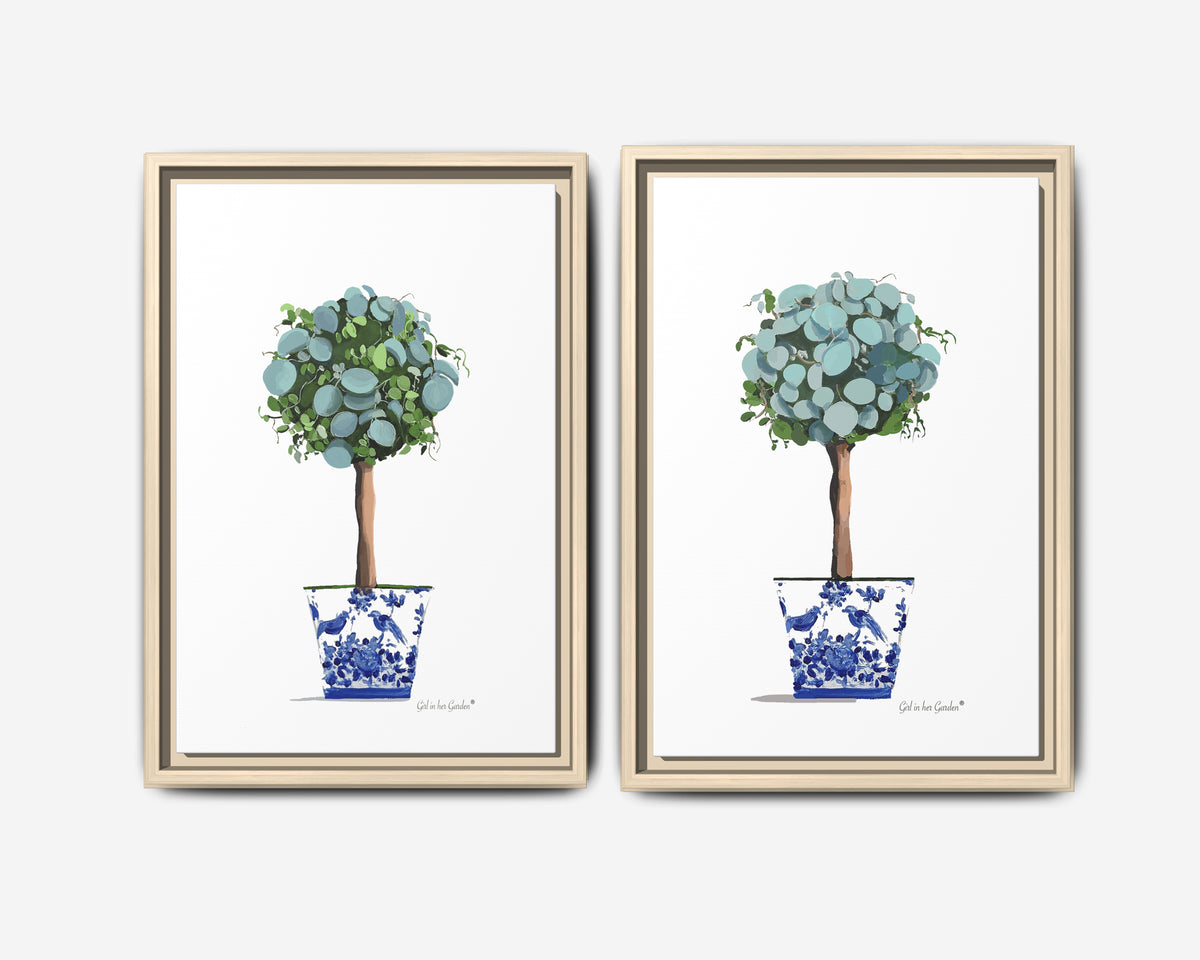 Two framed botanical art prints of potted topiary trees with blue and green foliage, displayed side by side on a light gray background.