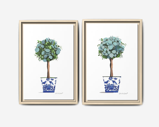 Two framed botanical art prints of potted topiary trees with blue and green foliage, displayed side by side on a light gray background.