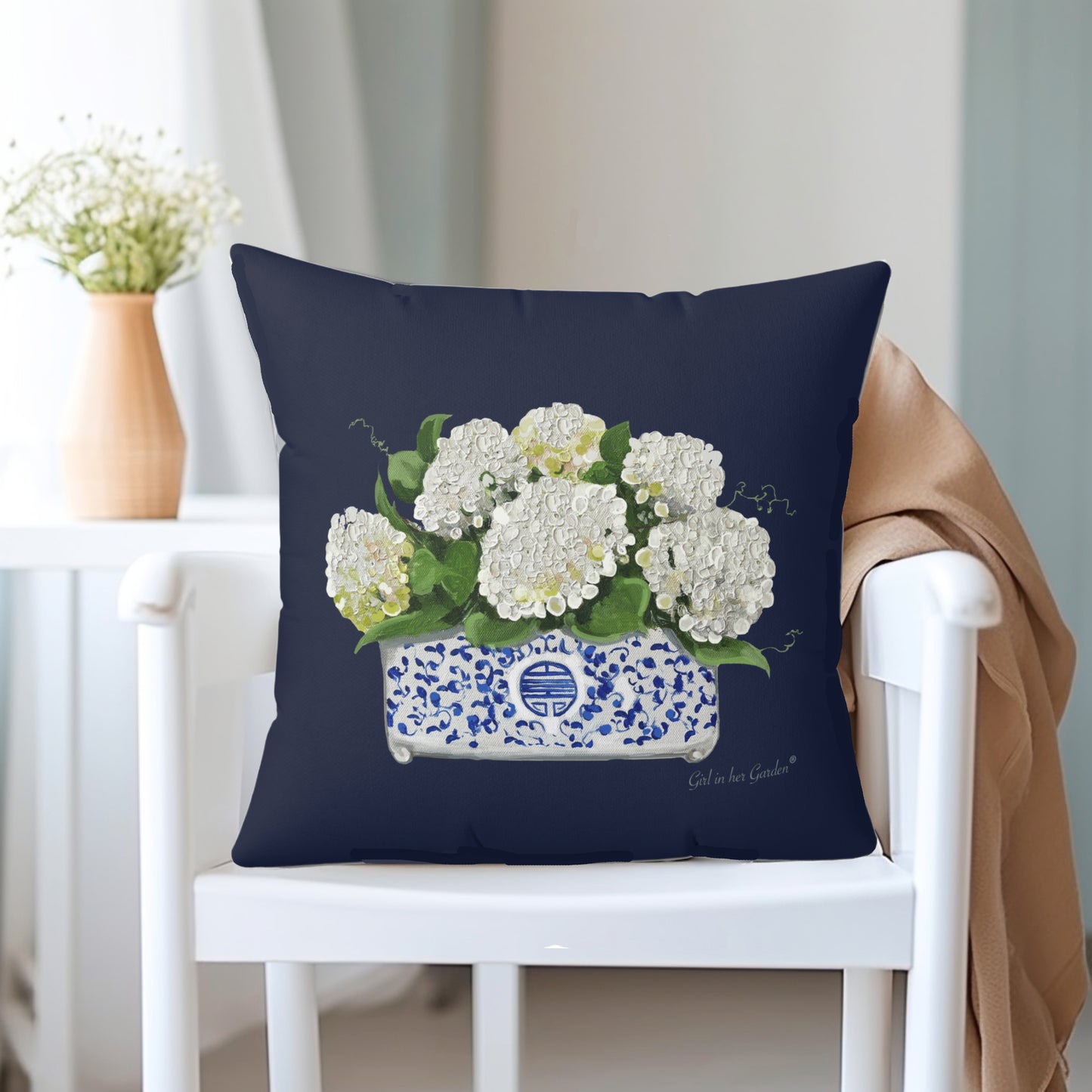 White Hydrangea Planter, Navy Pillow, Pillow Cover