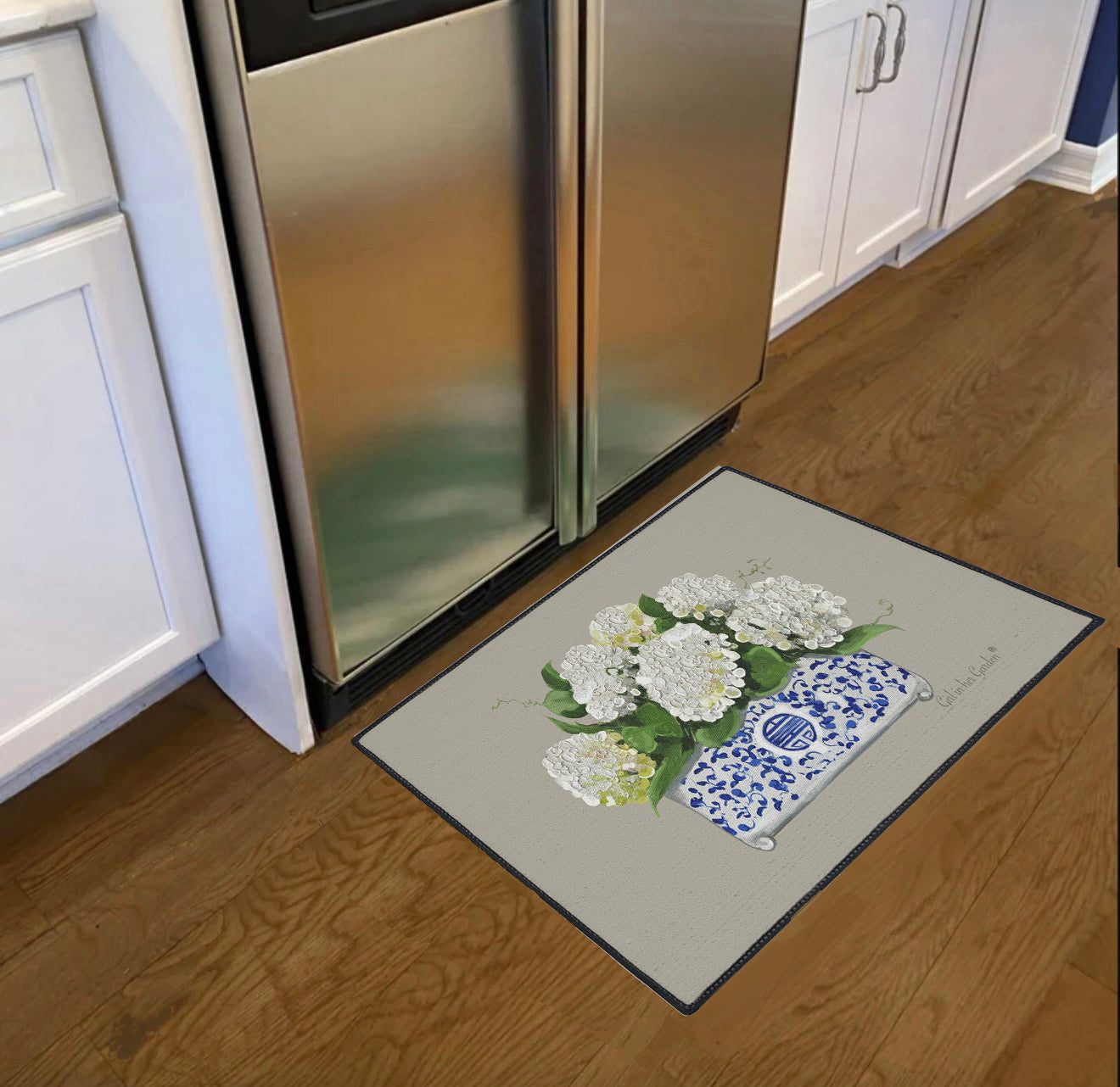 White Hydrangea Planter Rubber Floor Mat