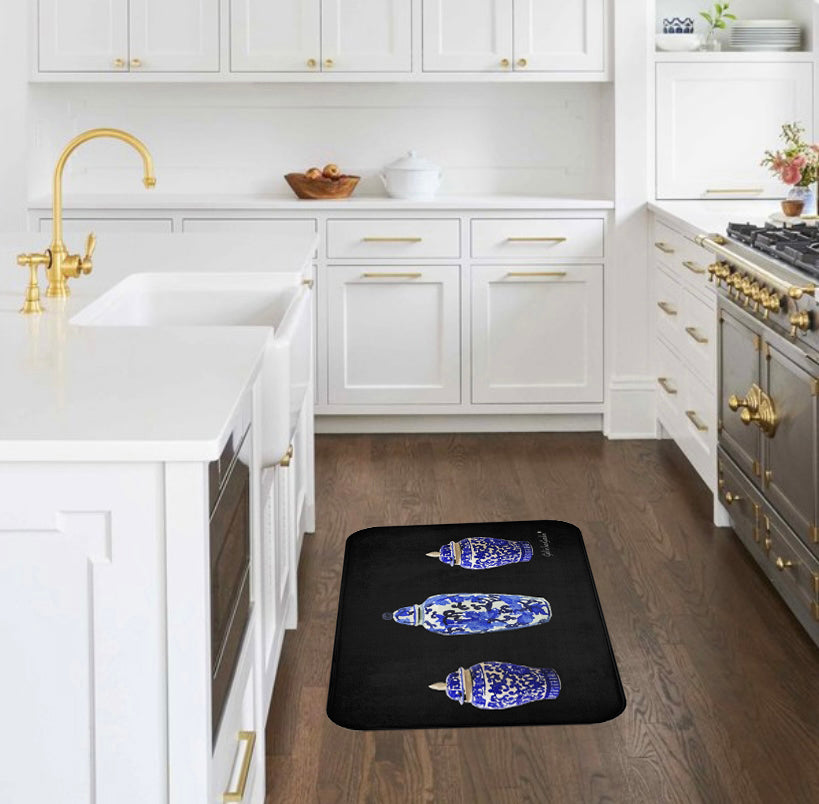 Kitchen, Bath Cushion Mat, Black Chinoiserie Vase