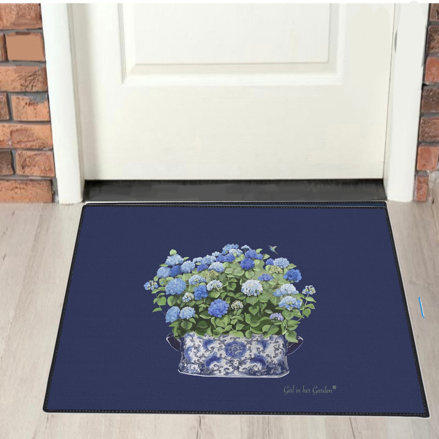 Navy Hydrangea Chinoiserie Foot Planter 11 Rubber Floor Mat