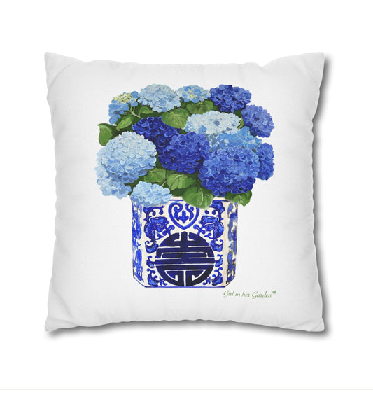 Blue Hydrangea Chinoiserie  White Pillow, Pillow Cover