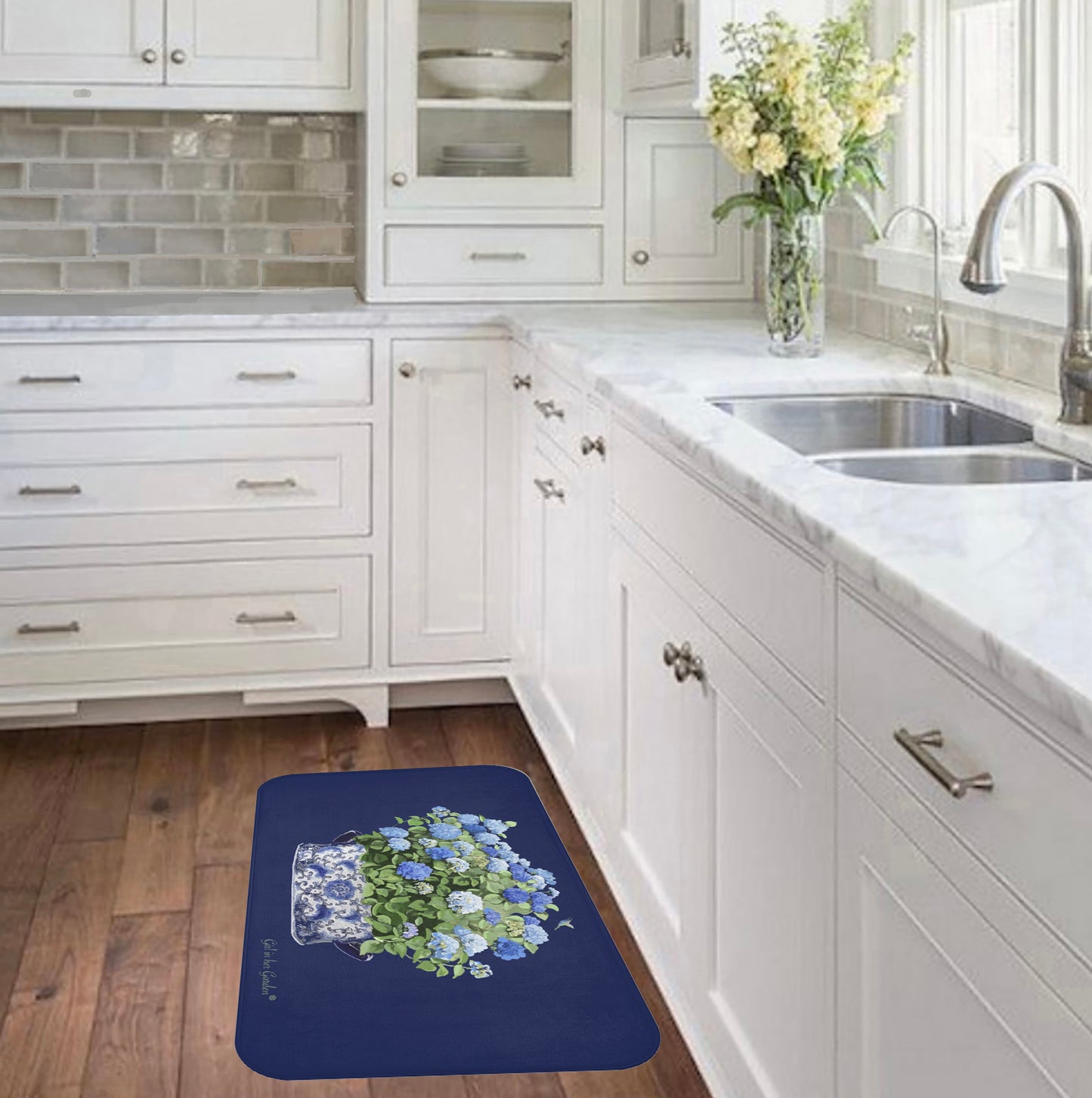 Kitchen, Bath Cushion Mat, Navy Hydrangea Chinoiserie Foot Planter 11