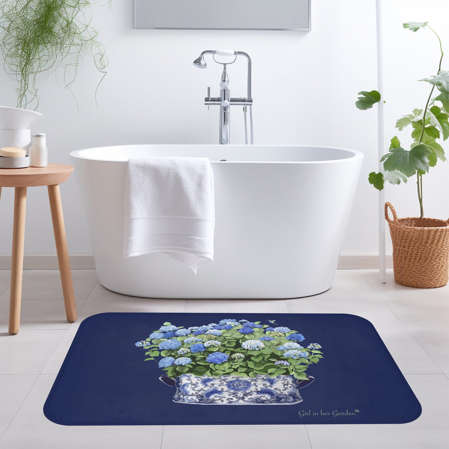 Kitchen, Bath Cushion Mat, Navy Hydrangea Chinoiserie Foot Planter 11