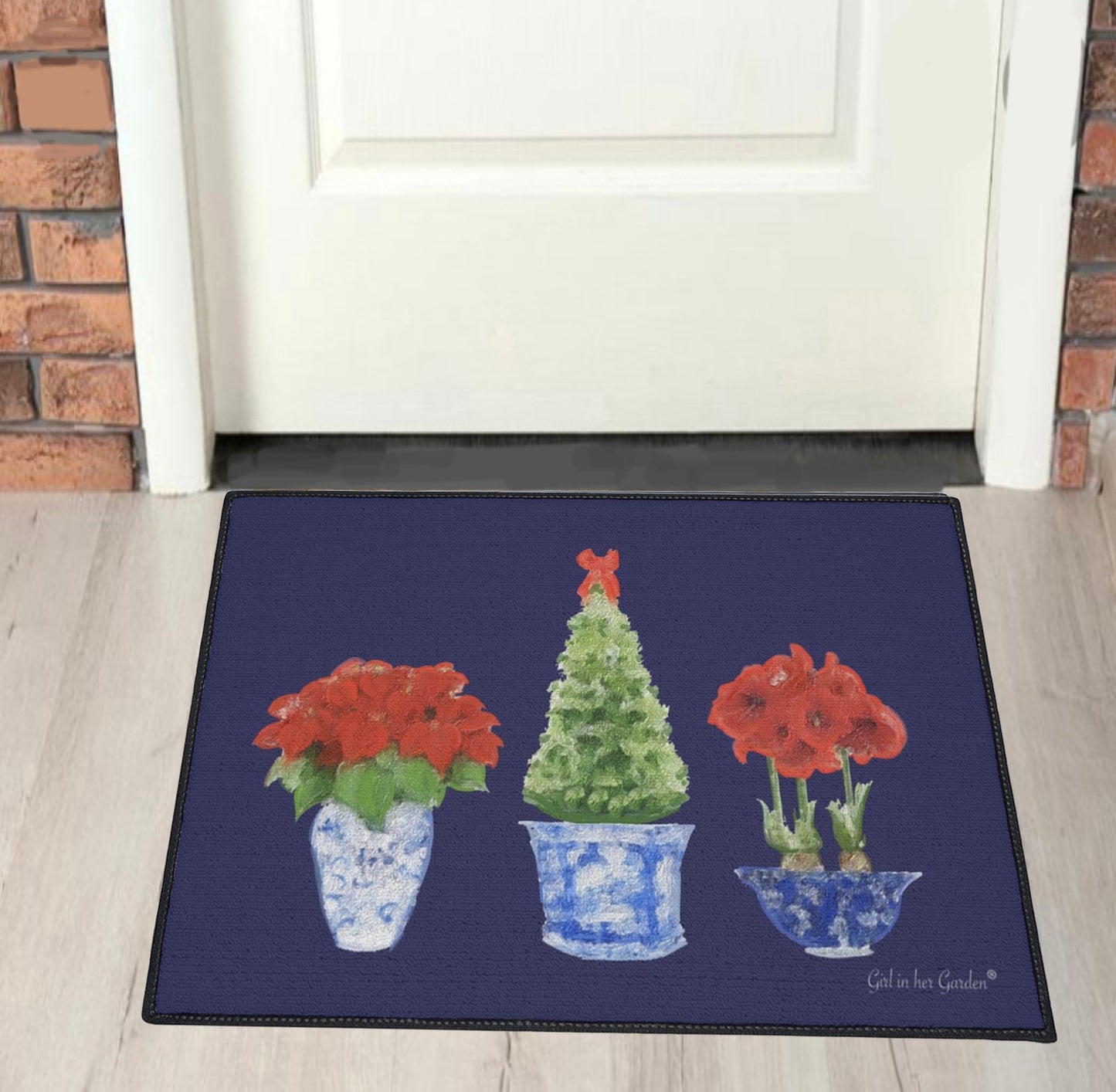 Heavy Duty Indoor Outdoor Rubber Floor Mat, Blue Christmas Trio