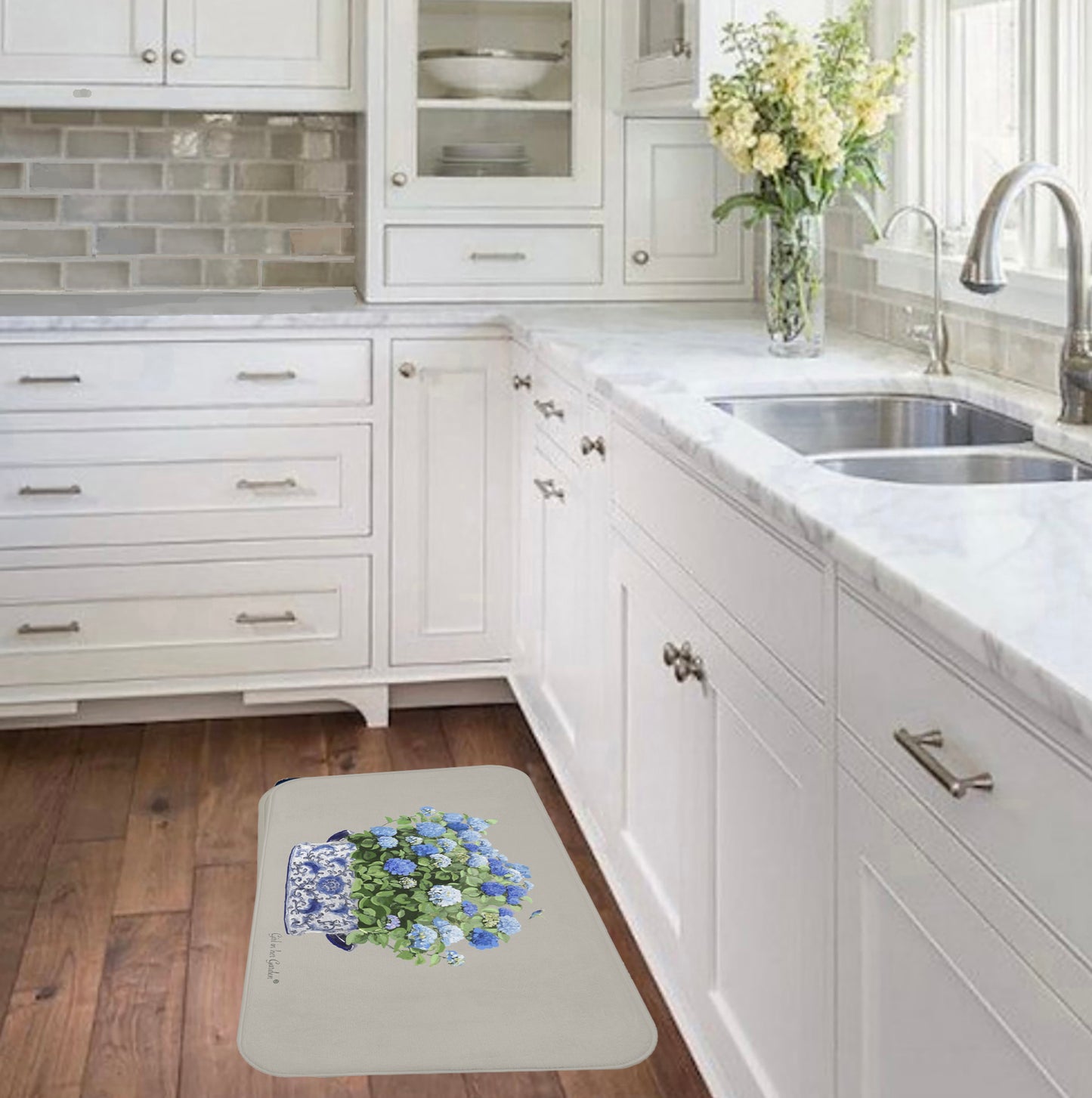 Kitchen, Bath Cushion Mat, Beige & Blue Hydrangeas Chinoiserie Foot Planter 2