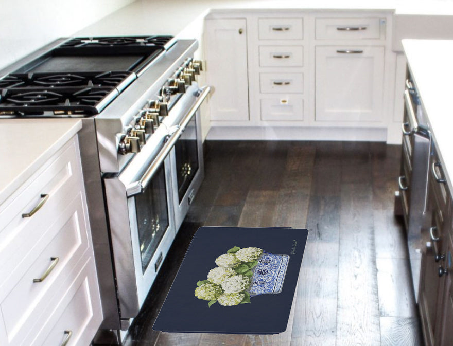 Kitchen, Bath Cushion Mat Navy Blue White Hydrangea Planter