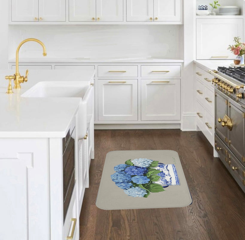 Kitchen, Bath Cushion Mat, Beige & Blue Hydrangeas Chinoiserie Foot Planter