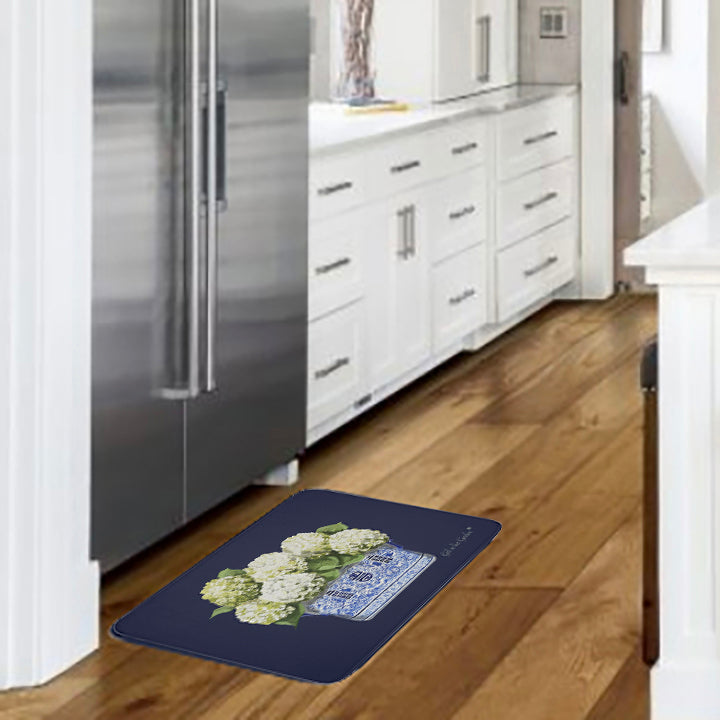 Kitchen, Bath Cushion Mat Navy Blue White Hydrangea Planter
