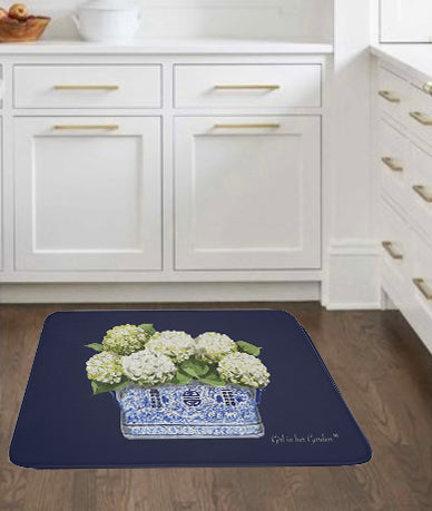 Kitchen, Bath Cushion Mat Navy Blue White Hydrangea Planter