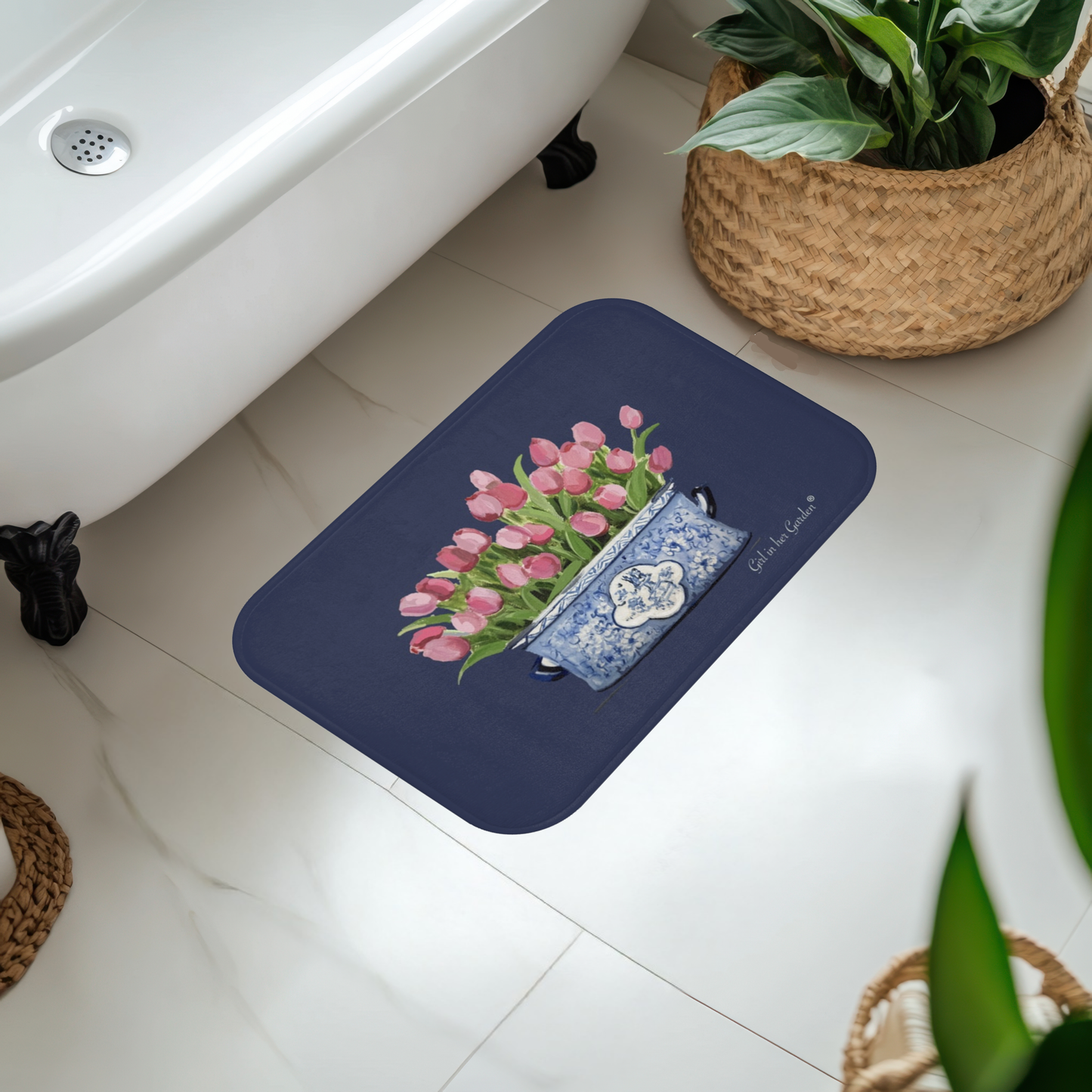 KItchen, Bath Cushion Mat Navy Tulips Chinoiserie Planter