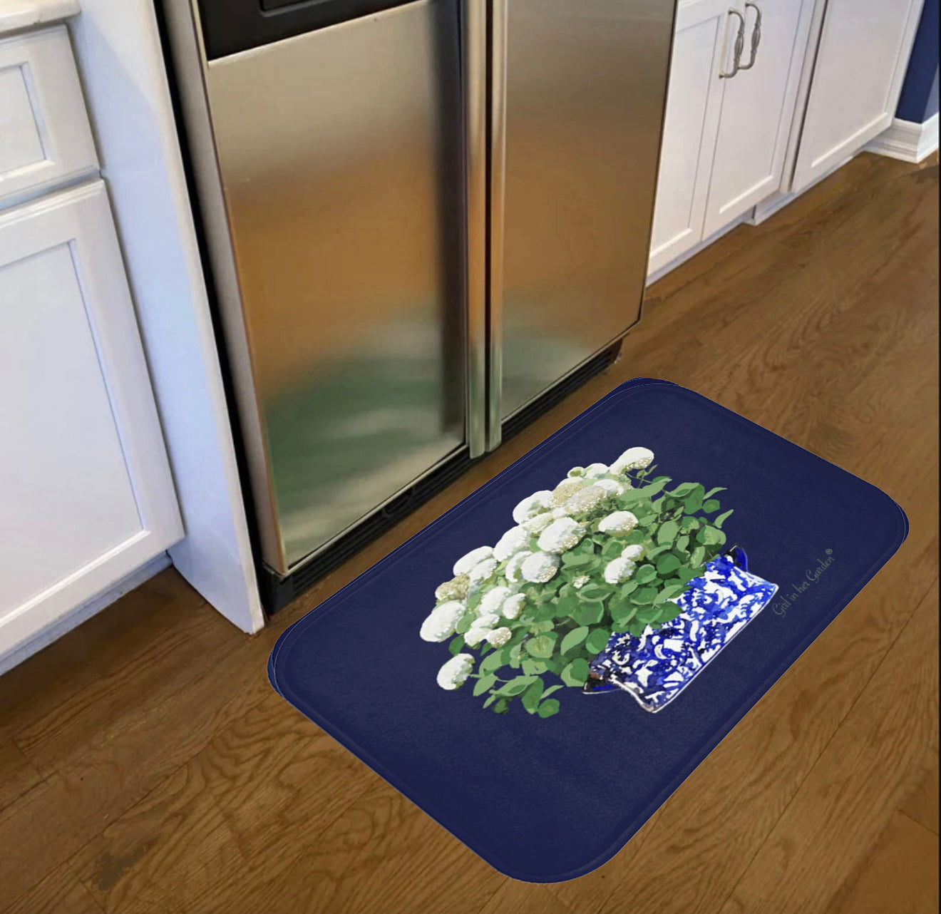 Kitchen, Bath Cushion Mat, Navy Annabelle Blue & White Planter