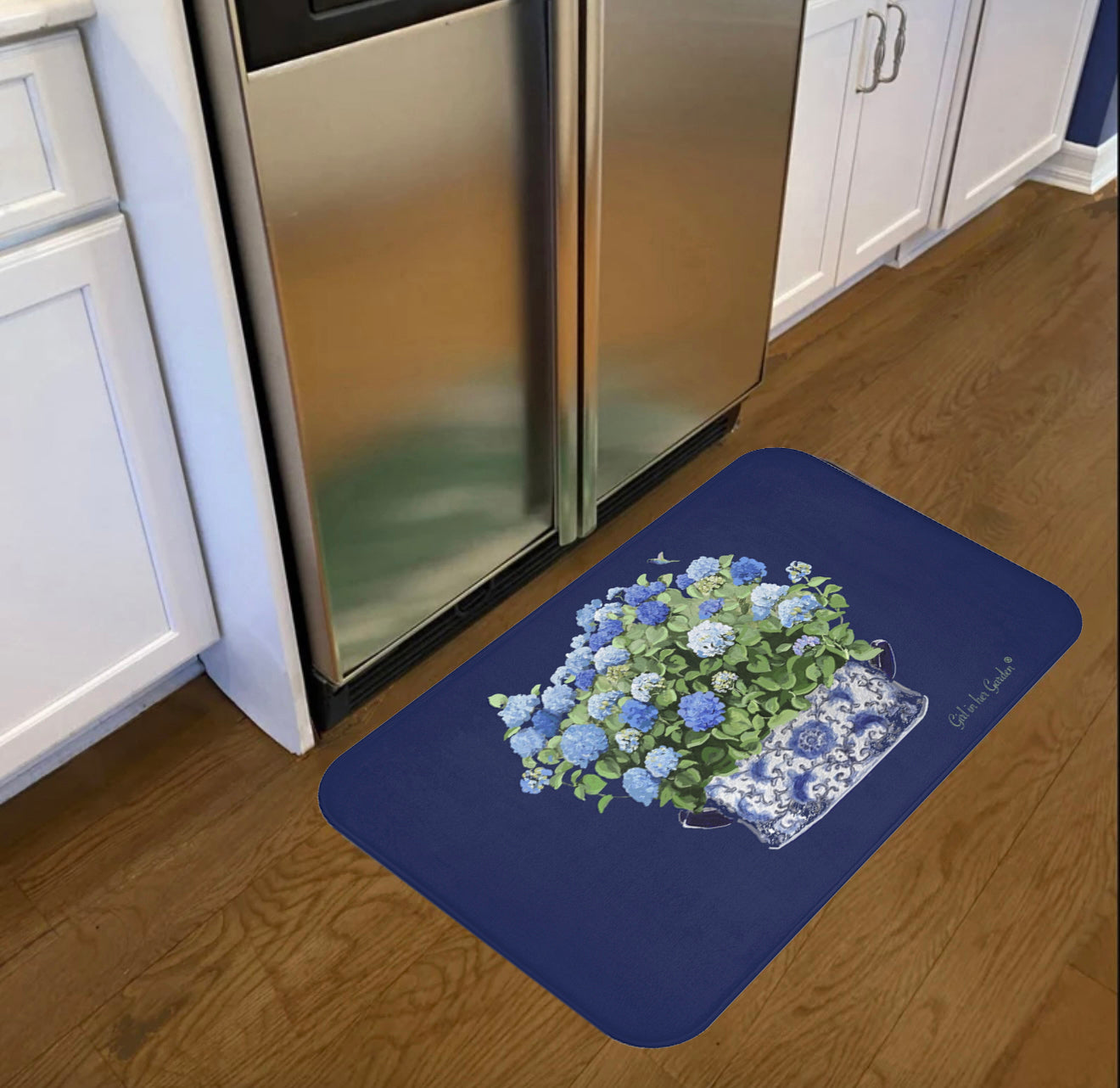Kitchen, Bath Cushion Mat, Navy Hydrangea Chinoiserie Foot Planter 11