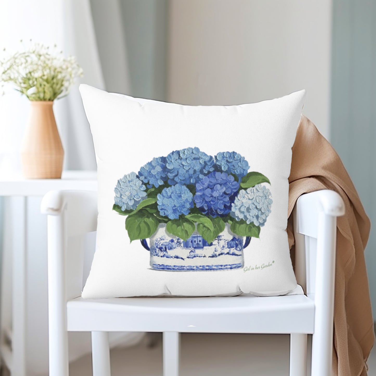 Blue Hydrangea Chinoiserie Pillow