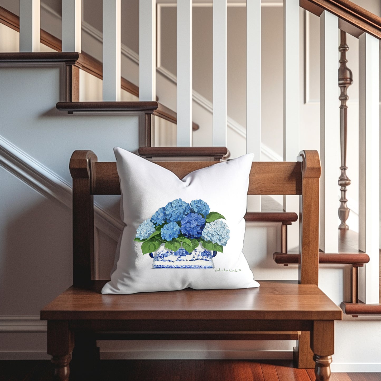 Blue Hydrangea Chinoiserie Pillow
