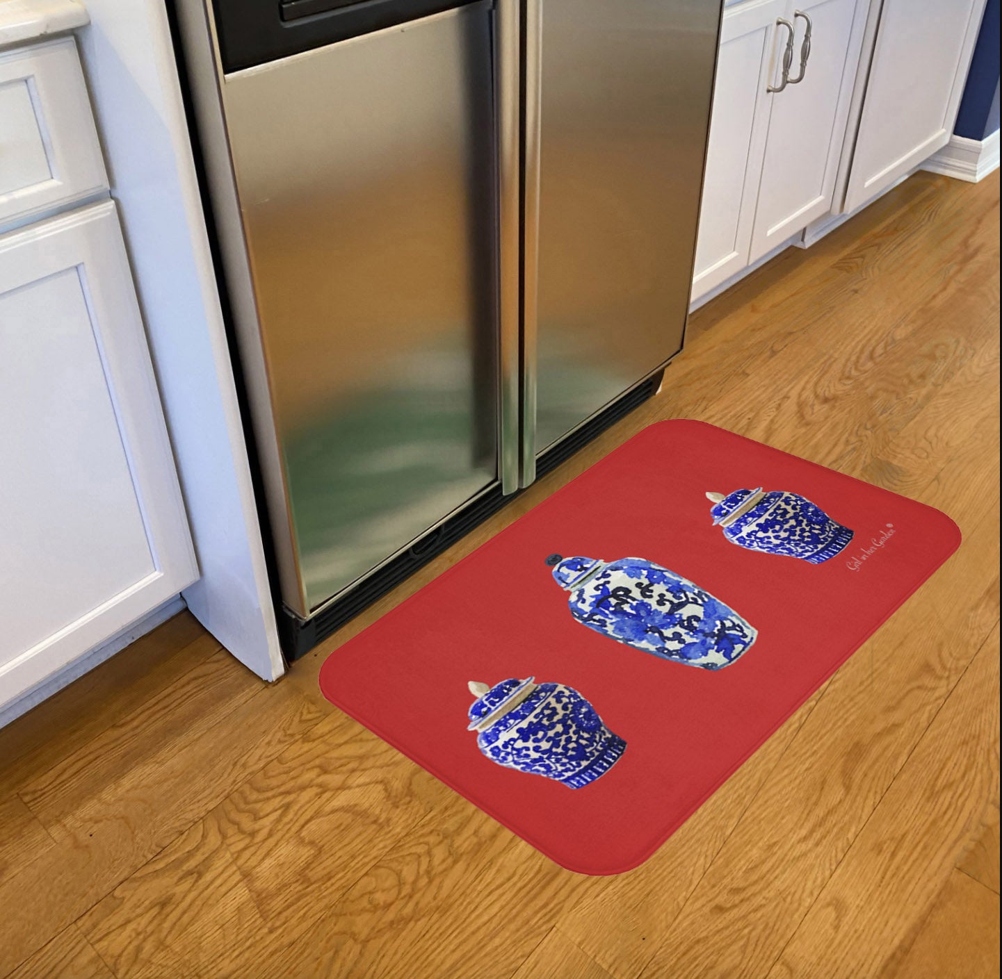 Kitchen, Bath Cushion Mat, Red Chinoiserie Vase