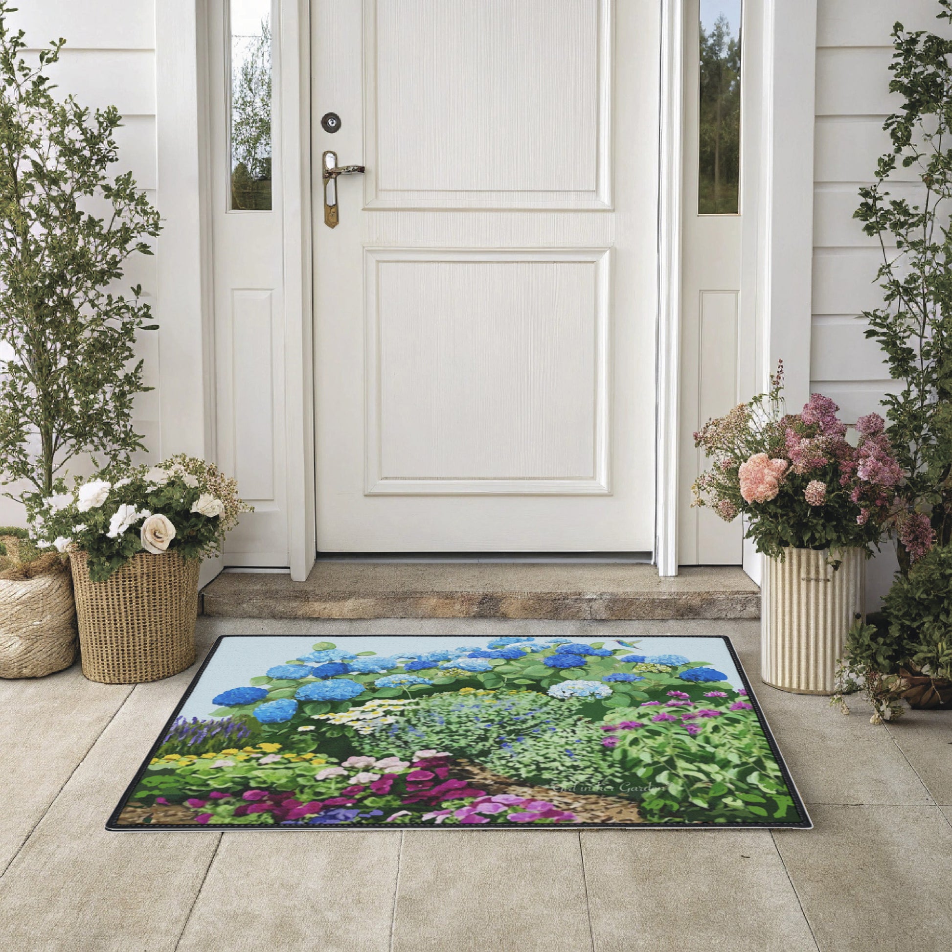 Decorative rug with garden design on a porch with plants and a door.