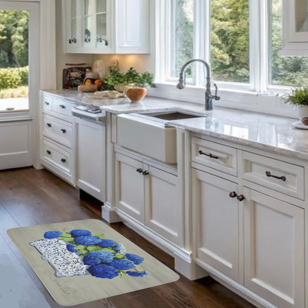 Kitchen, Bath Cushion Mat Beige & Blue Hydrangea Planter