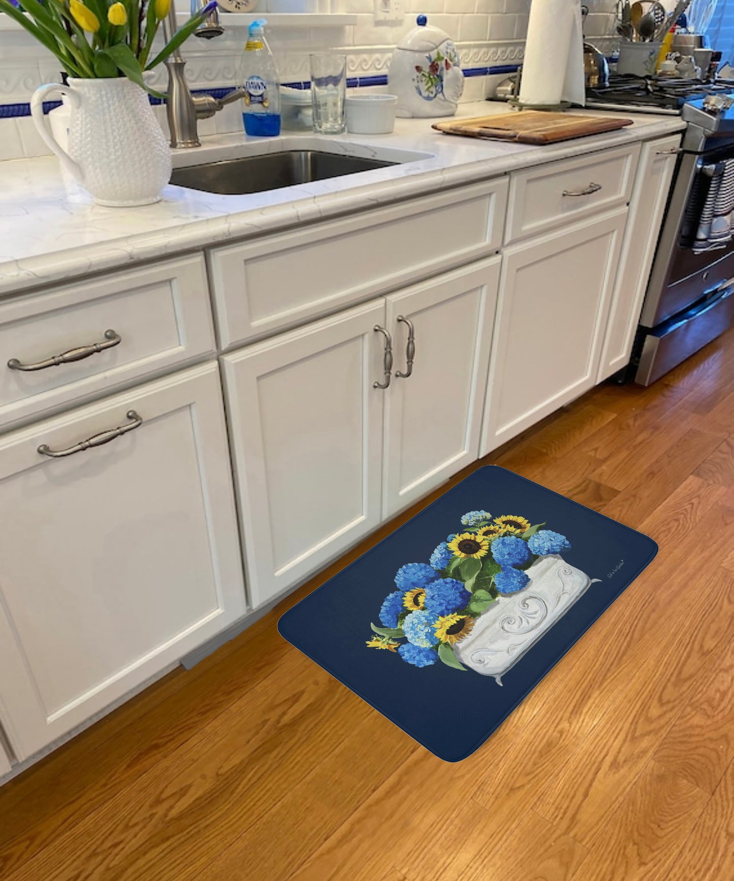 Kitchen, Bath  Cushion Mat, Navy Sunflowers & Hydrangeas Planter
