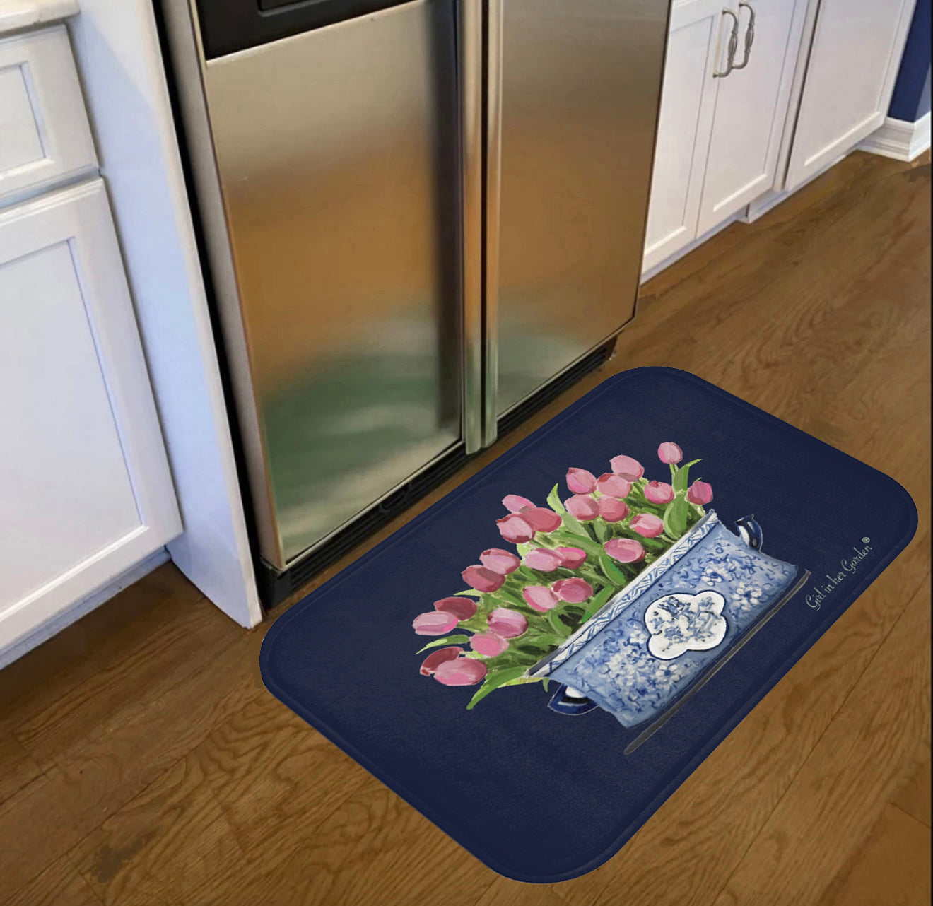 KItchen, Bath Cushion Mat Navy Tulips Chinoiserie Planter