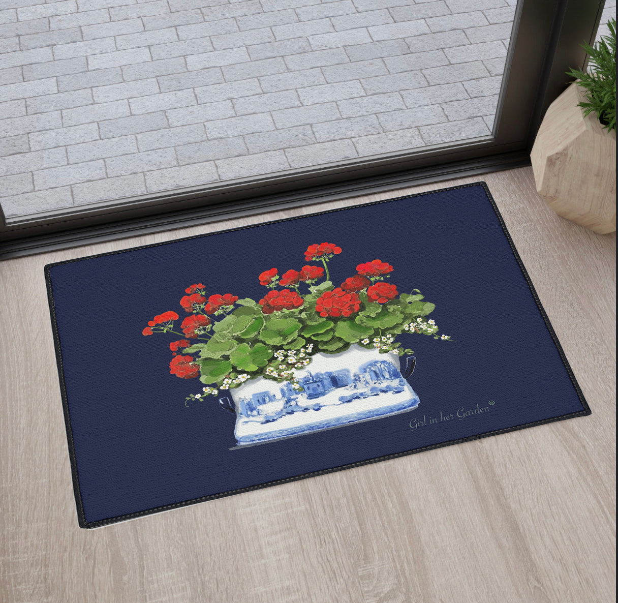 Red Geraniums Navy Chinoiserie Rubber Floor Mat