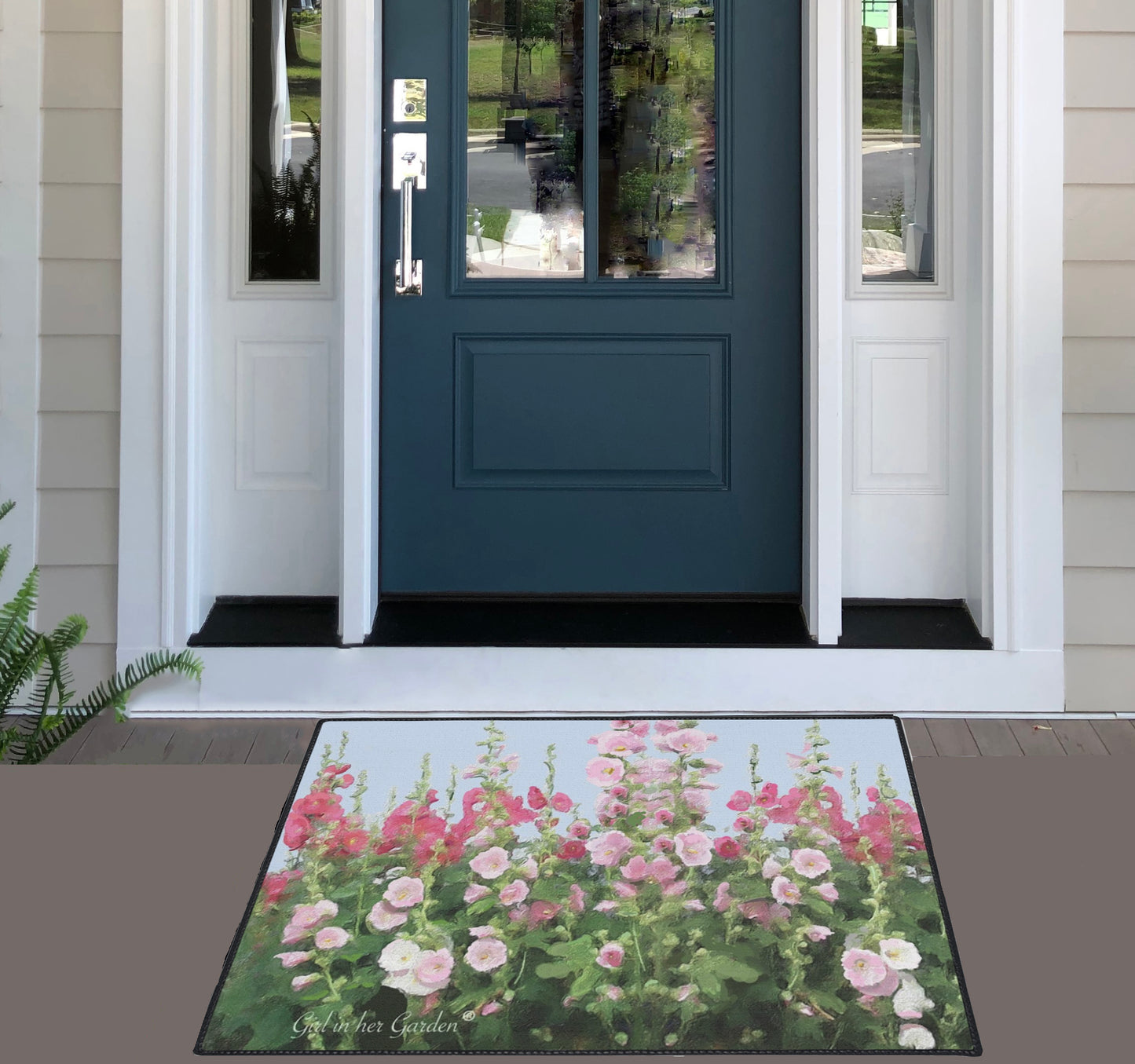 Indoor Outdoor Rubber Floor Mat, Painted Hollyhocks