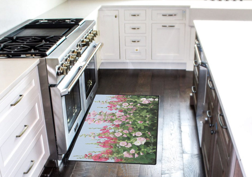 Indoor Outdoor Rubber Floor Mat, Painted Hollyhocks