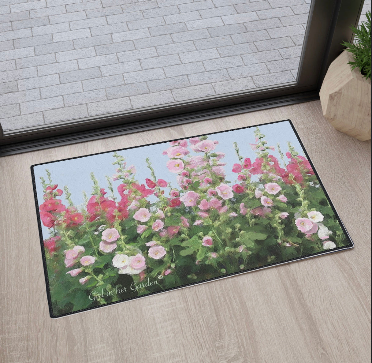Indoor Outdoor Rubber Floor Mat, Painted Hollyhocks