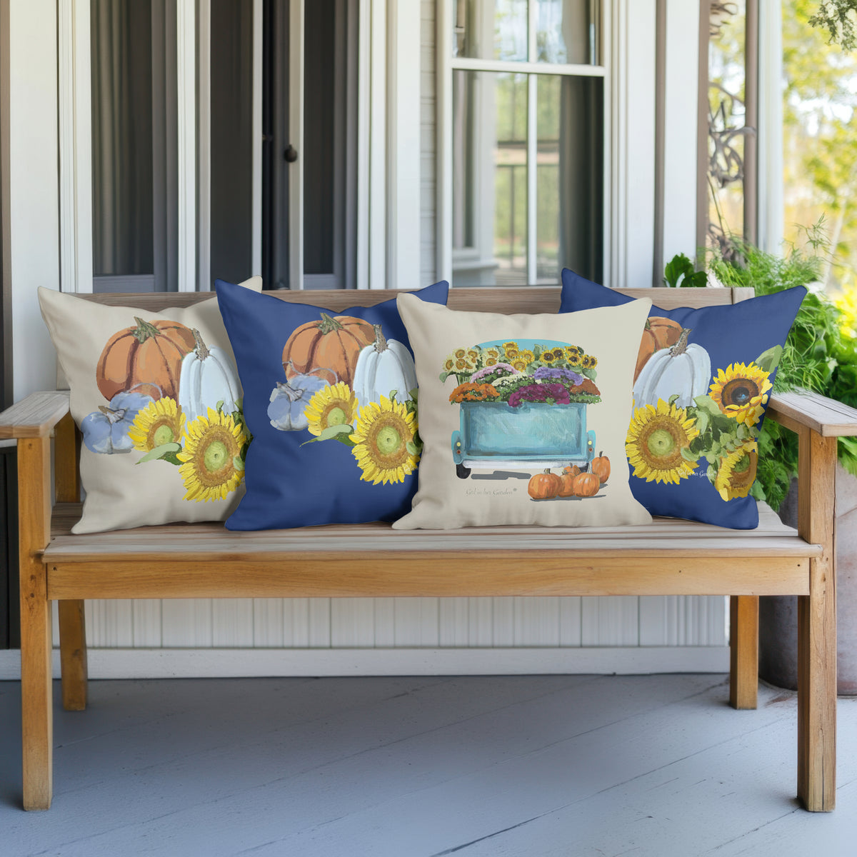 Navy Pumpkin & Sunflowers Outdoor Pillow, Pillow Cover