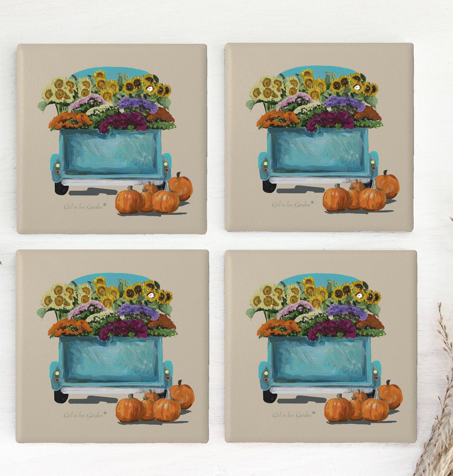 Fall Harvest Beige Truck Coaster Set