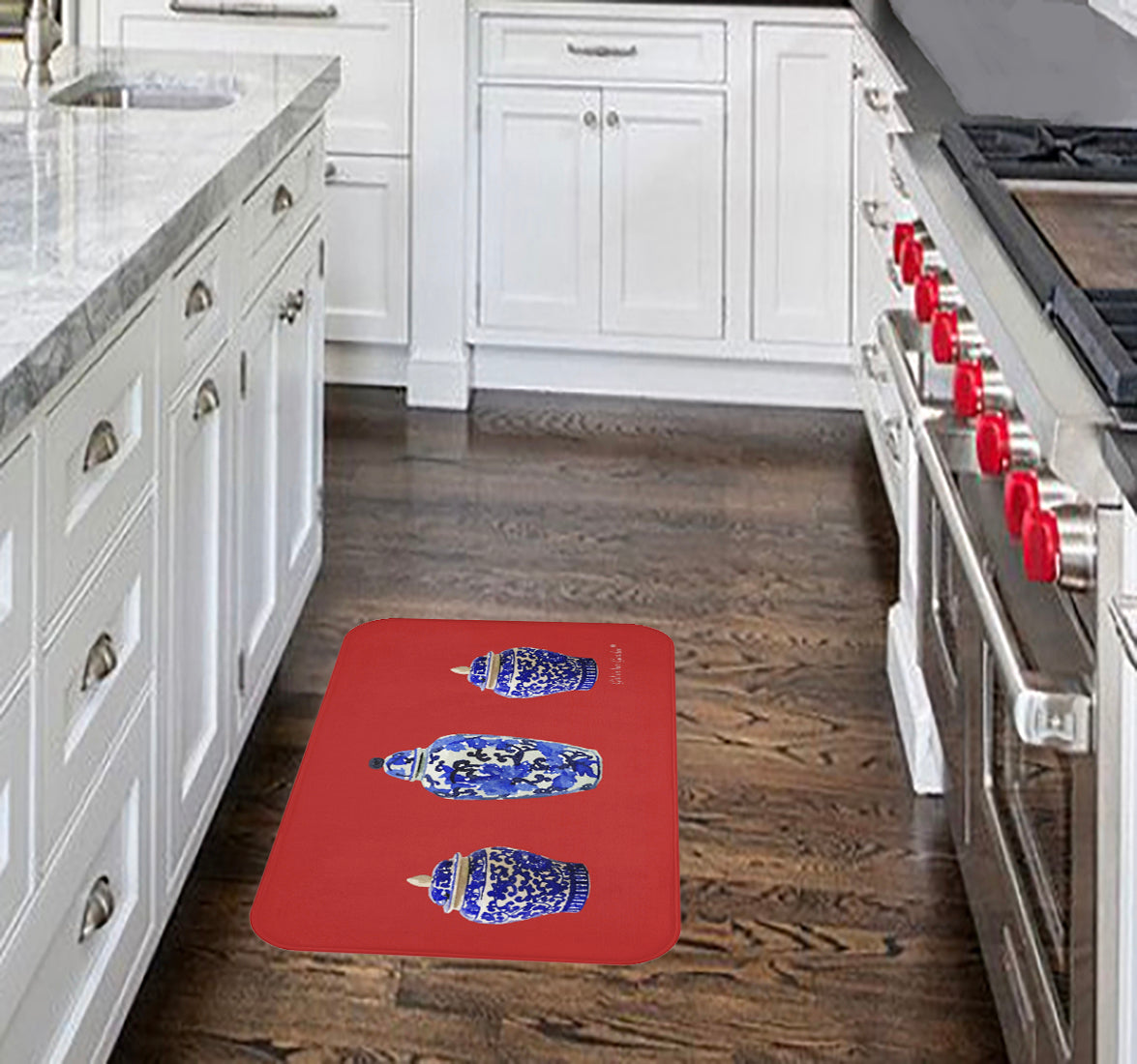 Kitchen, Bath Cushion Mat, Red Chinoiserie Vase