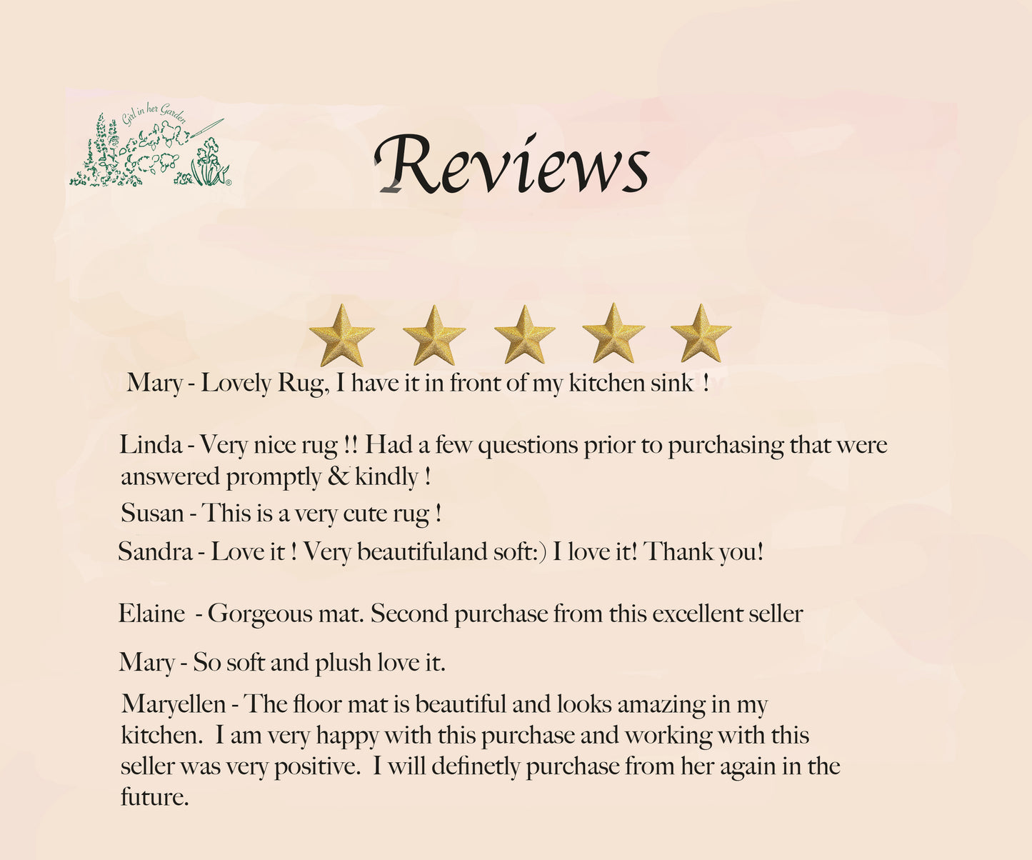 Five-star rating feedback on a beige background with text and star icons.