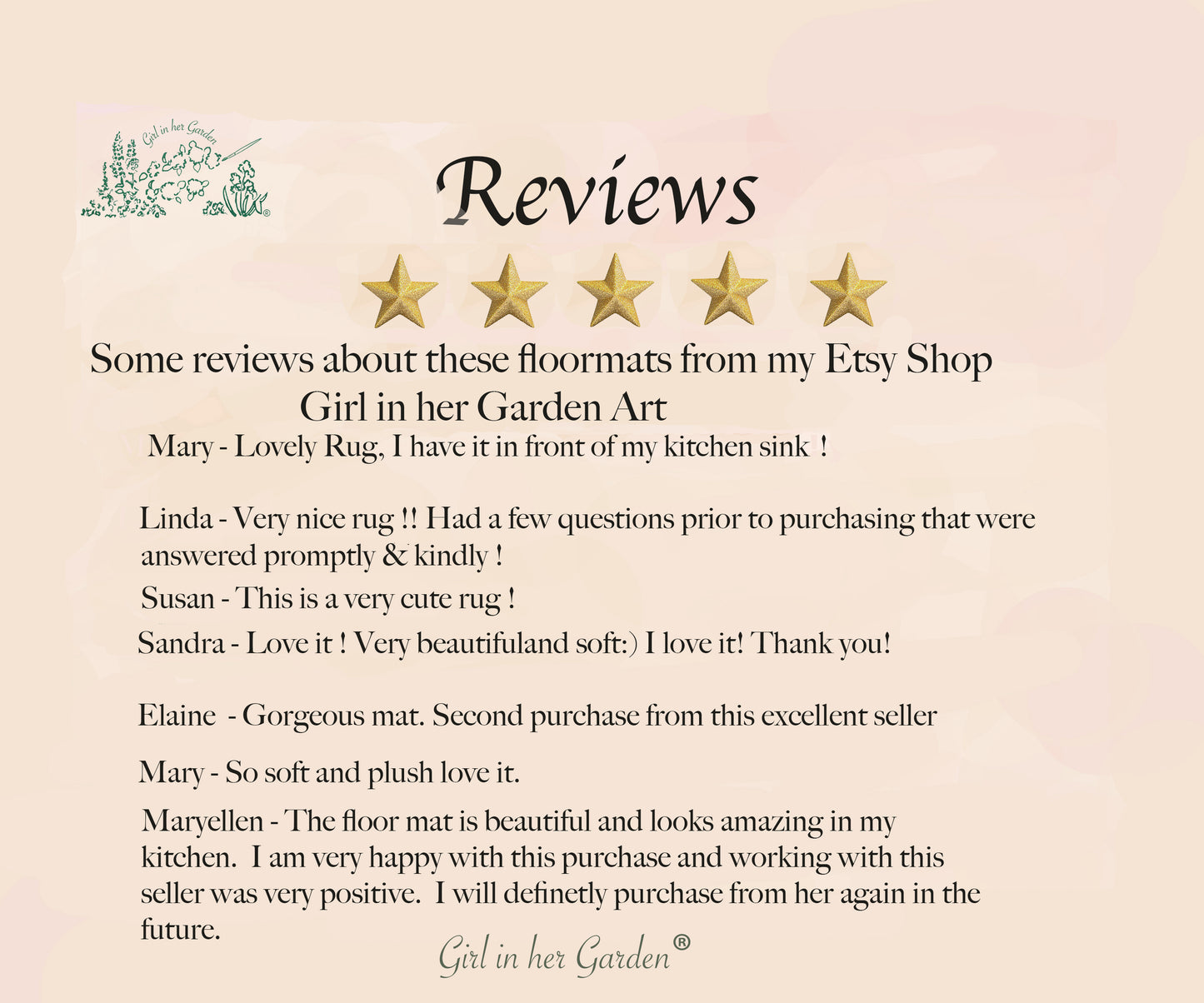 Reviews of floor mats from an Etsy shop on a pink background